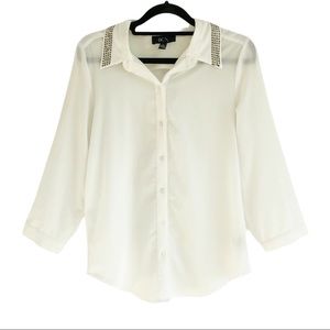 BCX White Sheer Button Up Rhinestone Blouse M